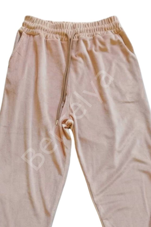 Parlak Kadife Cepli Pantolon Eşofman Pijama Altı Unisex Lastikli Paça Bej XL