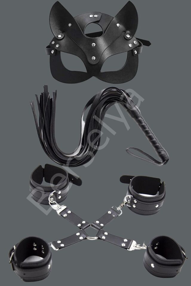 Siyah Harness Fantezi Aksesuar Suni Deri 5 Li Sexi Set H007
