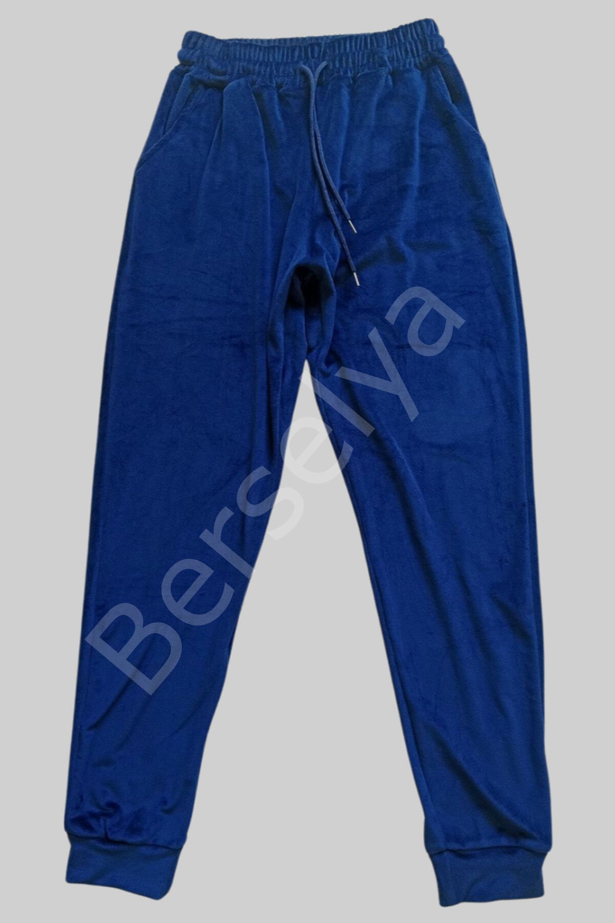 Parlak Kadife Cepli Pantolon Eşofman Pijama Altı Unisex Lastikli Paça Lacivert M