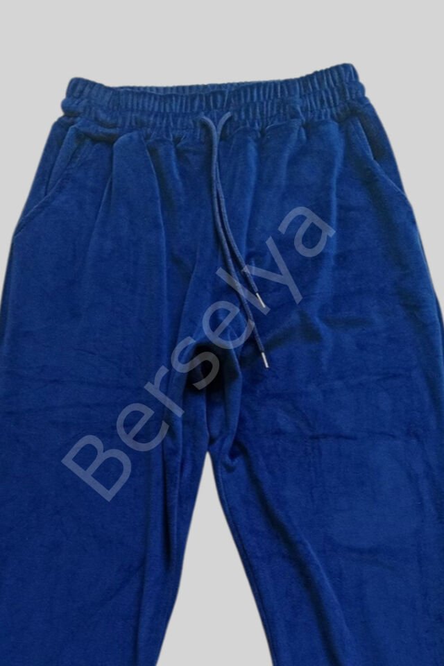 Parlak Kadife Cepli Pantolon Eşofman Pijama Altı Unisex Lastikli Paça Lacivert M