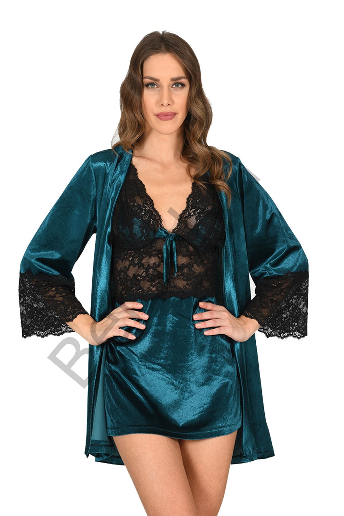 Petrol Yeşili Kadife Sabahlık & Gecelik Takım 2' Li - 1443