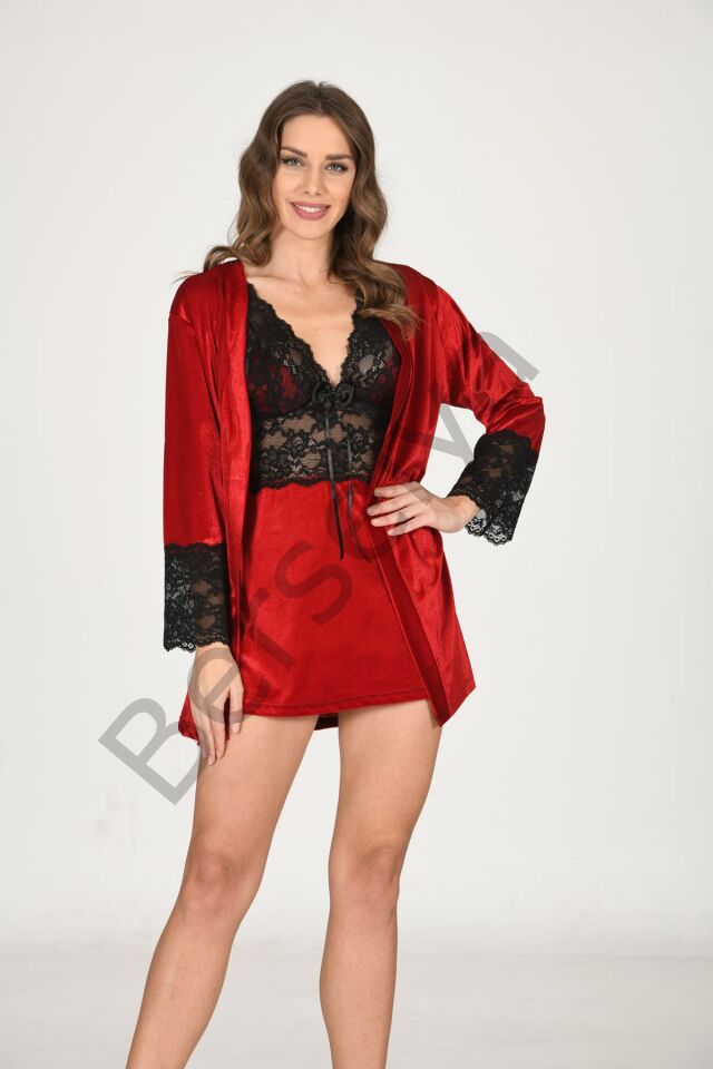 Kırmızı Kadife Sabahlık & Gecelik Takım 2' Li - 1442