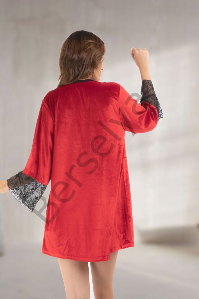 Kırmızı Kadife Sabahlık & Gecelik Takım 2' Li - 1442