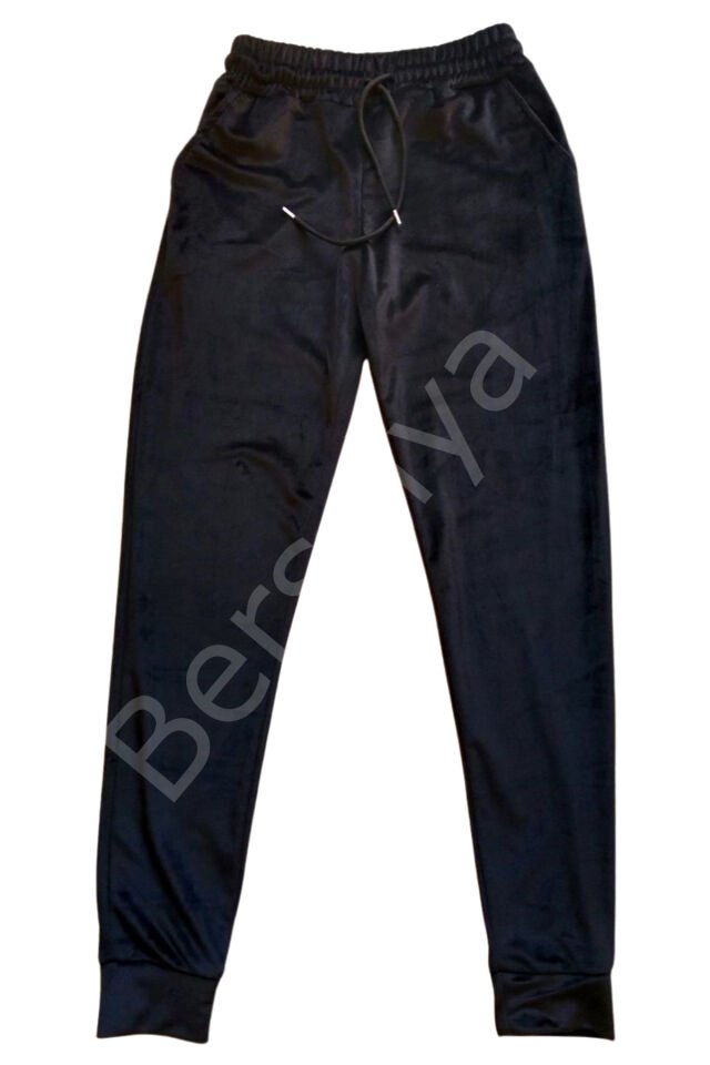 Parlak Kadife Cepli Pantolon Eşofman Pijama Altı Unisex Lastikli Paça Siyah L