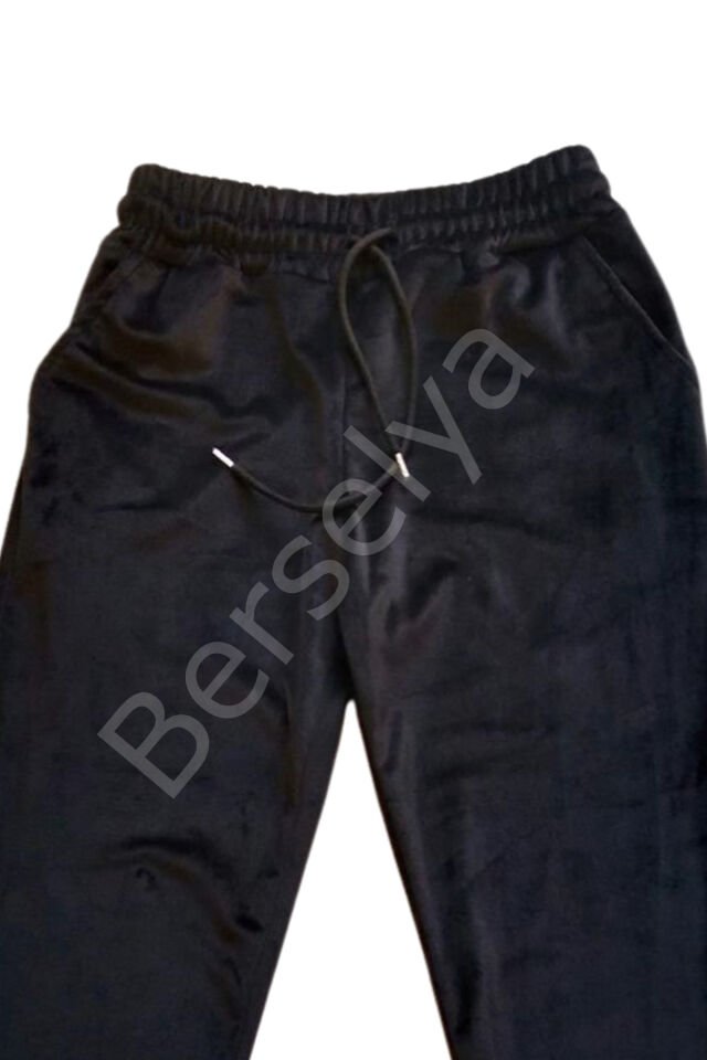 Parlak Kadife Cepli Pantolon Eşofman Pijama Altı Unisex Lastikli Paça Siyah L