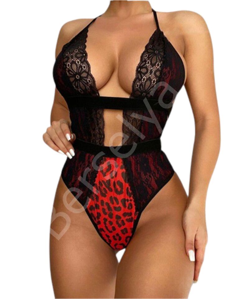 Kırmızı Leopar Desenli Dantel Detaylı Fantazi Mayokini