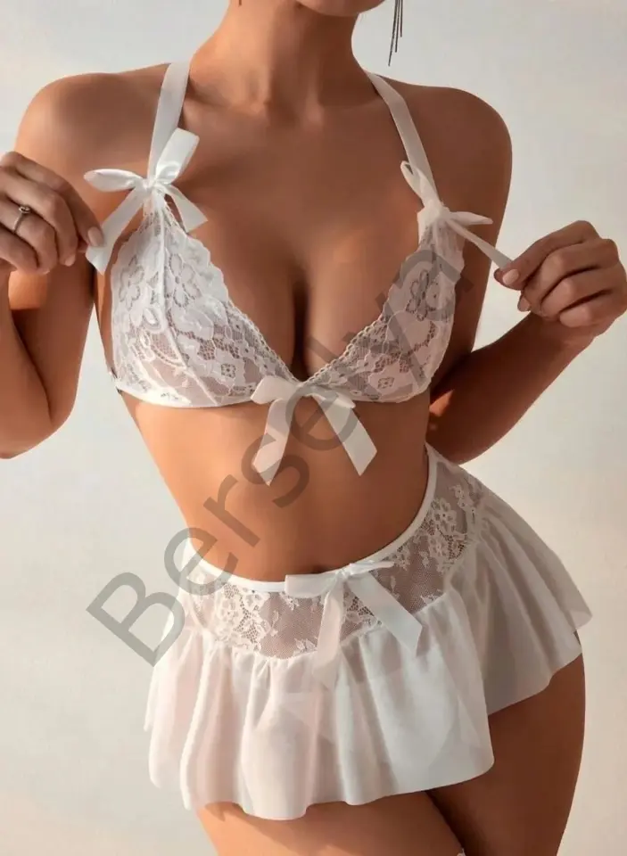 Fantazi Beyaz Dantelli Fiyonklu Seksi Babydol