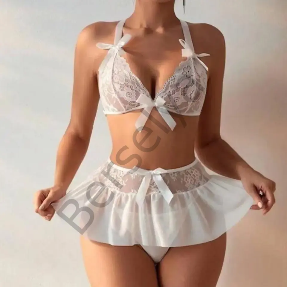 Fantazi Beyaz Dantelli Fiyonklu Seksi Babydol