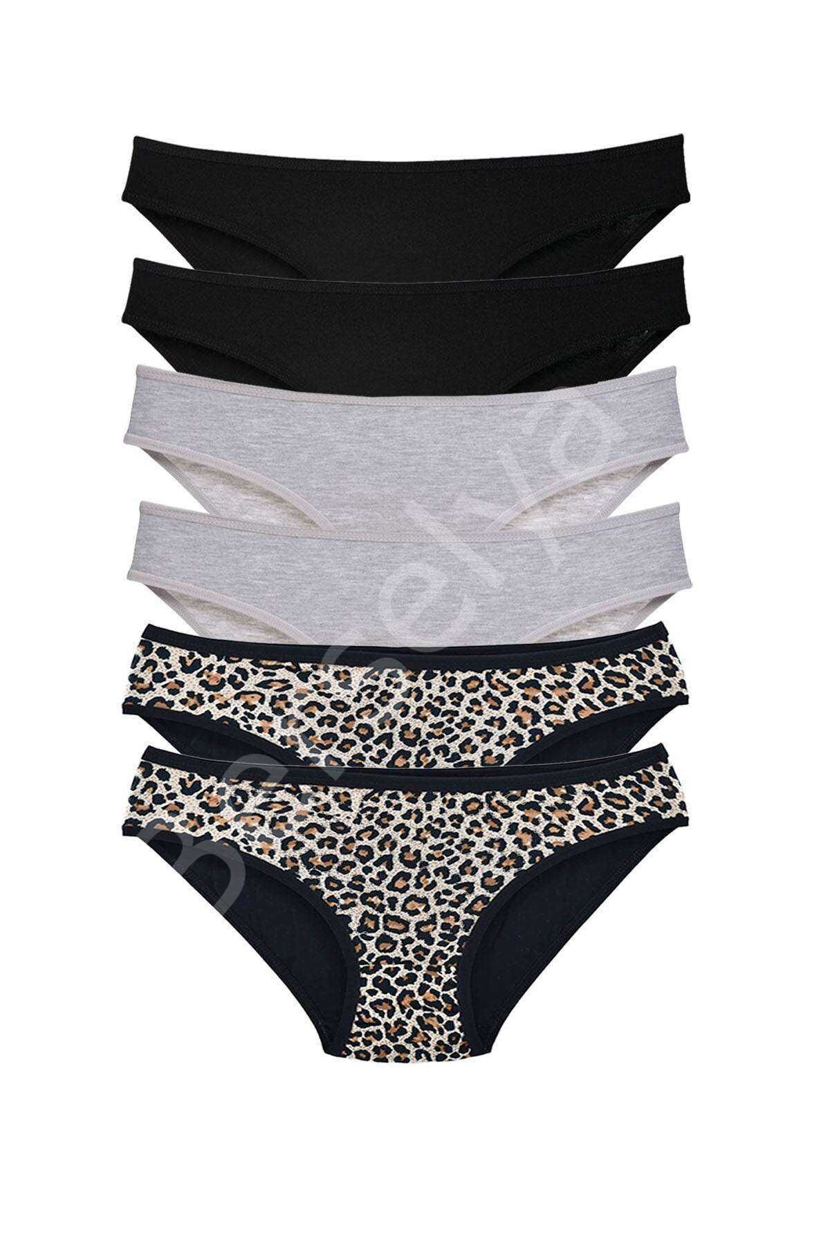 6 Adet Likralı Kadın Slip Külot Leopar Siyah Gri