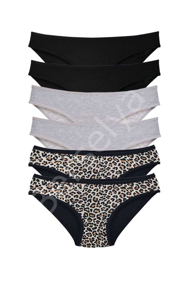 6 Adet Likralı Kadın Slip Külot Leopar Siyah Gri