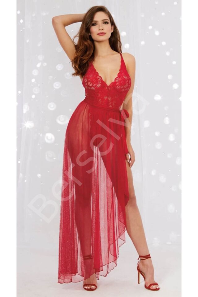 Kırmızı Dantel Mayokini Tül Etekli Gecelik