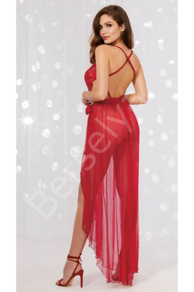 Kırmızı Dantel Mayokini Tül Etekli Gecelik