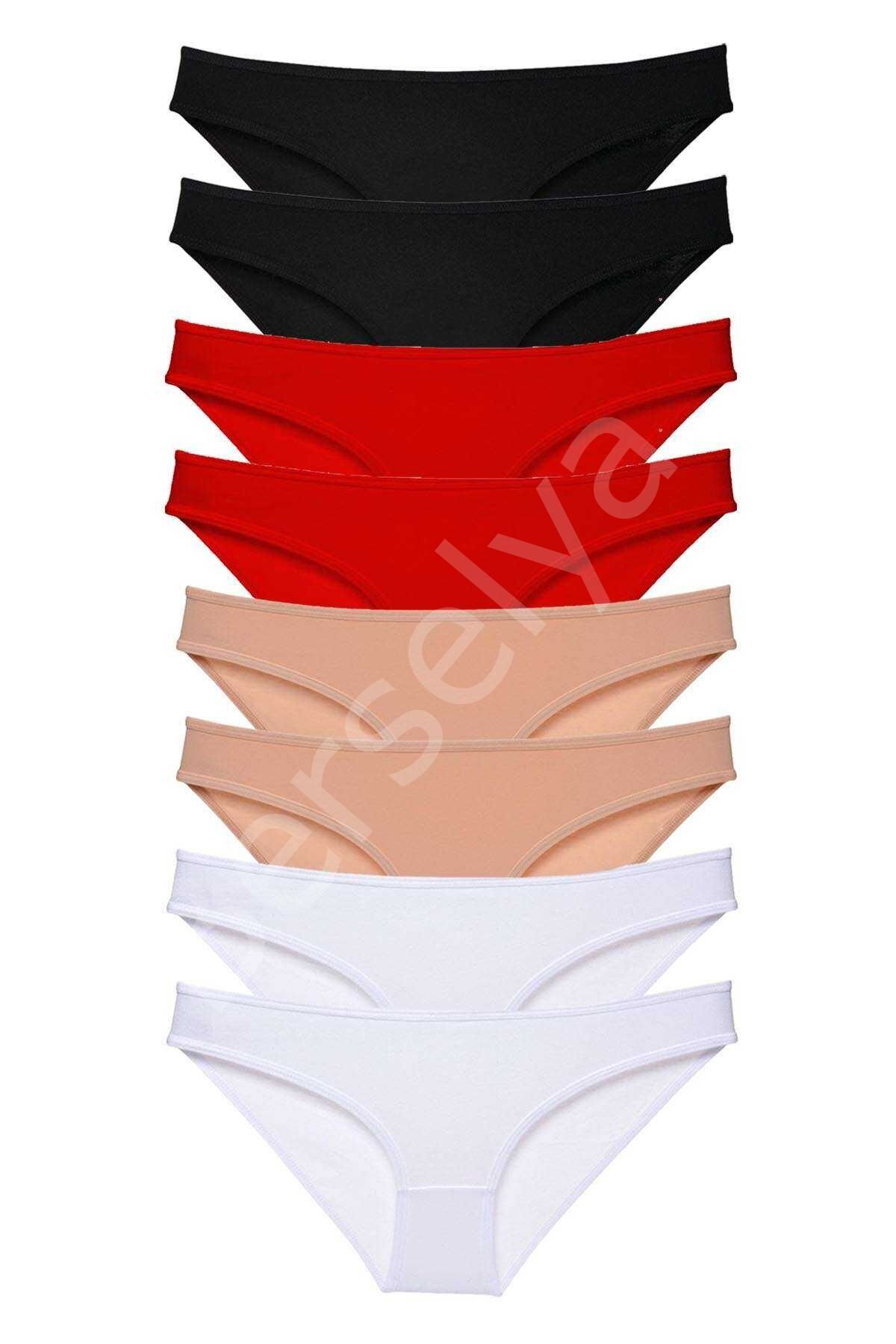 8 adet Süper Eko Set Likralı Kadın Slip Külot Siyah Kırmızı Ten Beyaz M