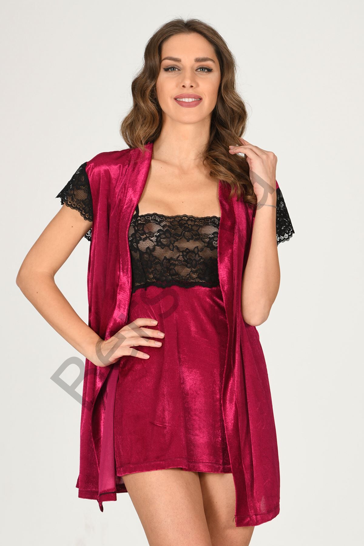 Fuşya Kadife Sabahlık & Gecelik Takım 2' Li - 1427