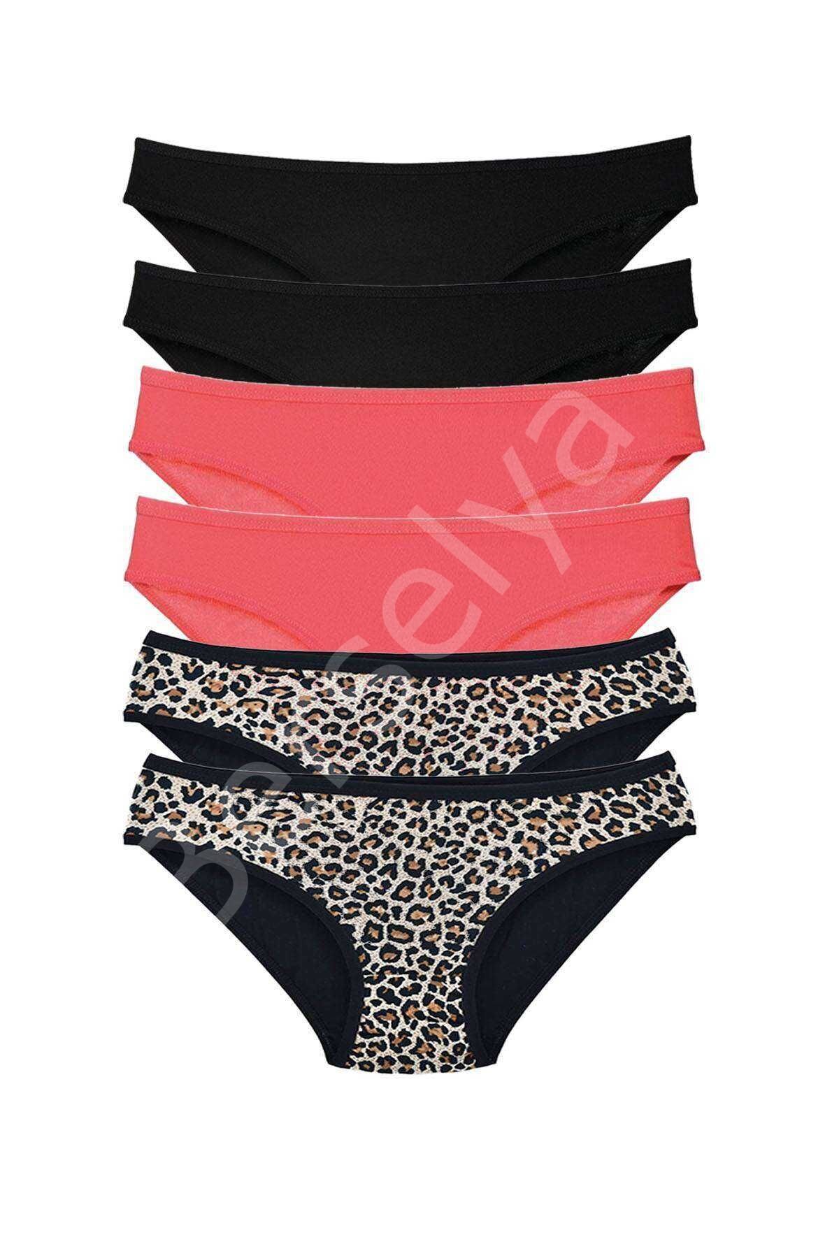 6 Adet Likralı Kadın Slip Külot Leopar Siyah Fuşya