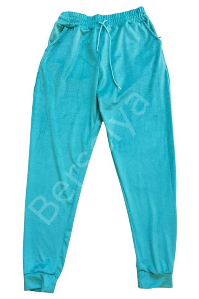 Parlak Kadife Cepli Pantolon Eşofman Pijama Altı Unisex Lastikli Paça Yeşil L