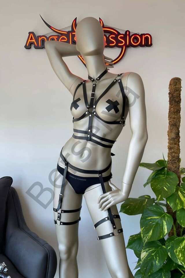 Siyah Deri Fantezi Jartiyer Harness Takım - Brf455