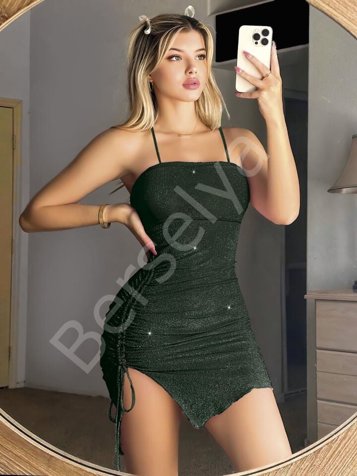 Özel Tasarım Siyah Derin Yırtmaçlı Kenarları Büzgülü Fantezi Mini Club Elbisesi