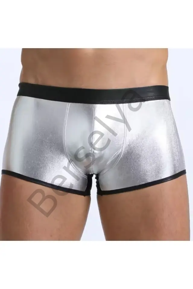Fantezi Deri Görünümlü Gümüş Erkek Boxer Tanga