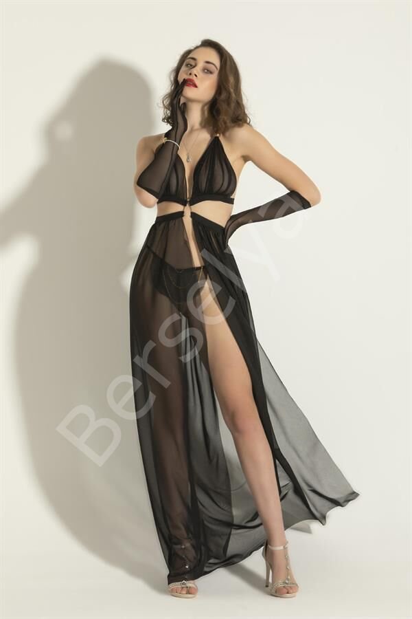 Fantezi Transparan Elbise String Takım Siyah (brf6132)