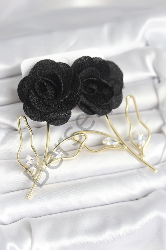 Pirinç Gold Renk Siyah Gül Model Kadın Küpe