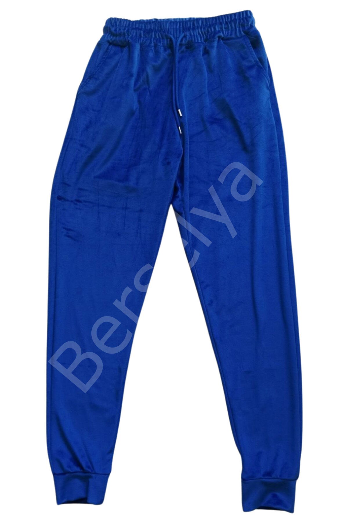Parlak Kadife Cepli Pantolon Eşofman Pijama Altı Unisex Lastikli Paça Mavi XL