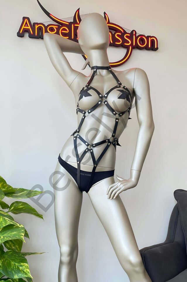 Siyah Deri Fantazi Dansçı Harness Kostüm - Brf514