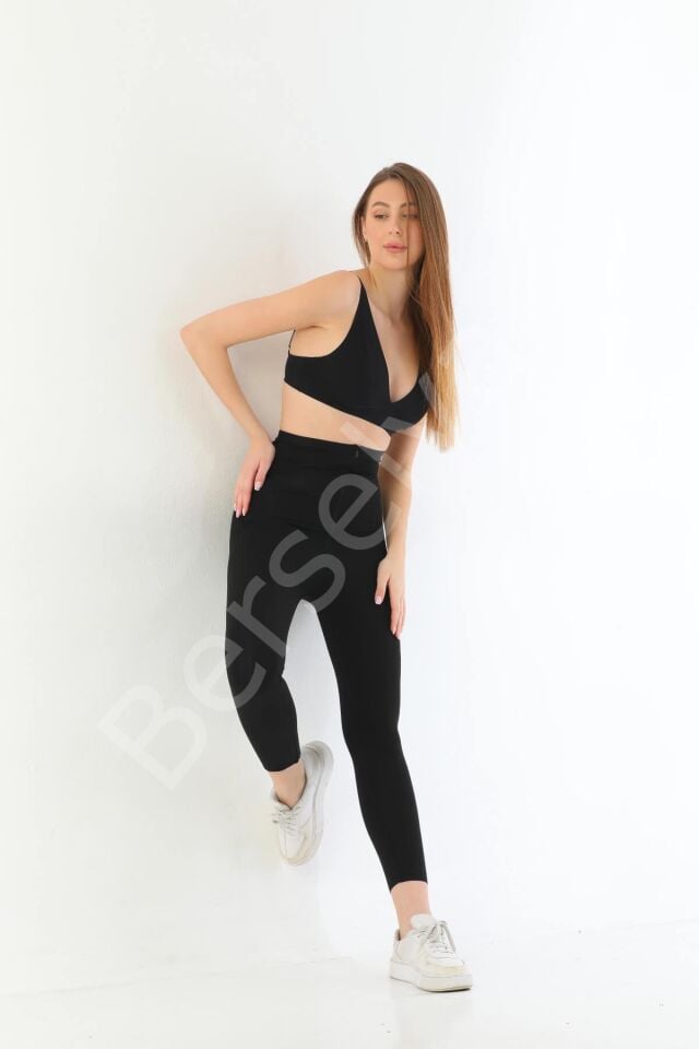 Siyah Mı 2711 Lazer Kesim Fermuarlı Uzun Tayt