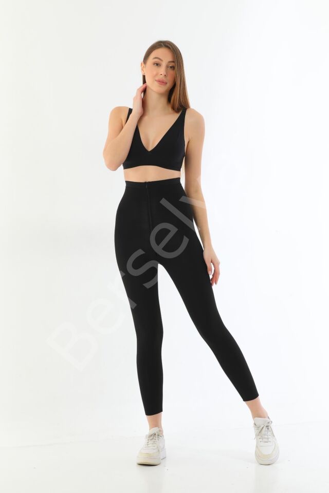 Siyah Mı 2711 Lazer Kesim Fermuarlı Uzun Tayt