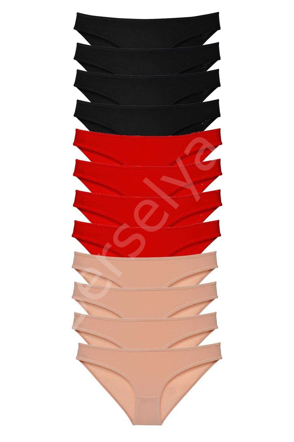 12 Adet Süper Eko Set Likralı Kadın Slip Külot Siyah Kırmızı Ten