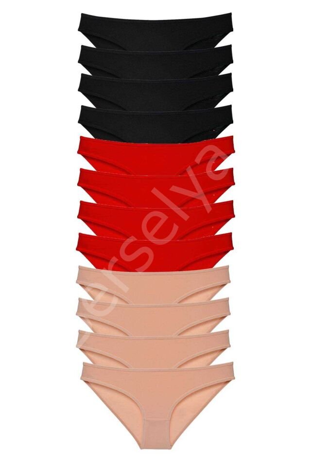 12 Adet Süper Eko Set Likralı Kadın Slip Külot Siyah Kırmızı Ten