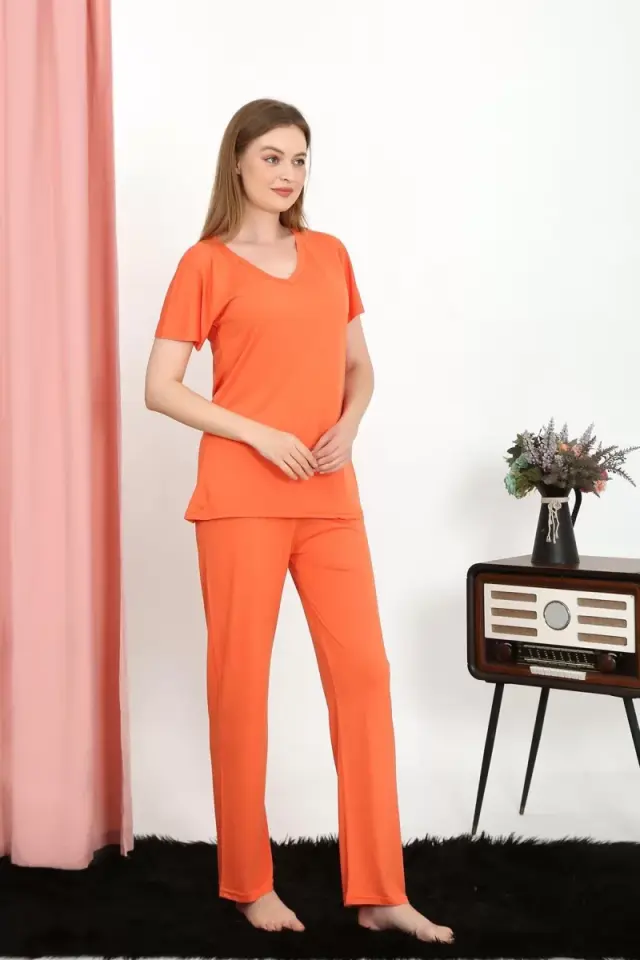 Kadın Kısa Kol Pamuk Penye Pijama Takım Turuncu