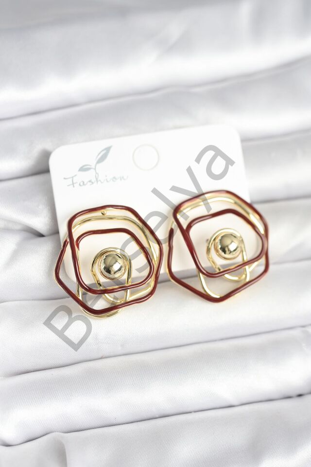 Pirinç Gold Renk Bordo Mineli Geometrik Gül Model Kadın Küpe
