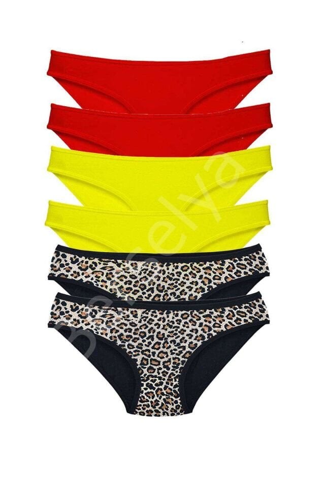 6 Adet Likralı Kadın Slip Külot Leopar Kırmızı Sarı
