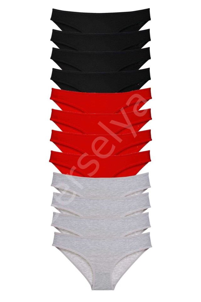 12 Adet Süper Eko Set Likralı Kadın Slip Külot Siyah Kırmızı Gri