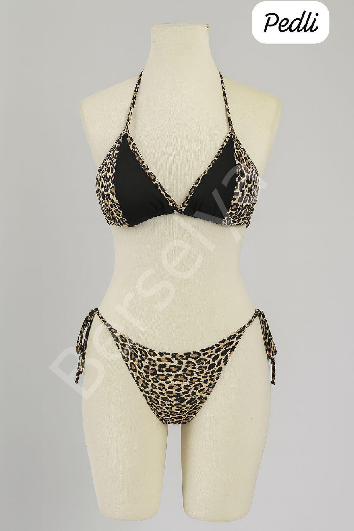 Kadın Siyah Ve Leopar Detaylı Yandan Bağlamalı Bikini Takımı