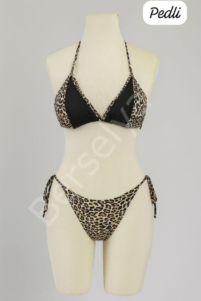 Kadın Siyah Ve Leopar Detaylı Yandan Bağlamalı Bikini Takımı