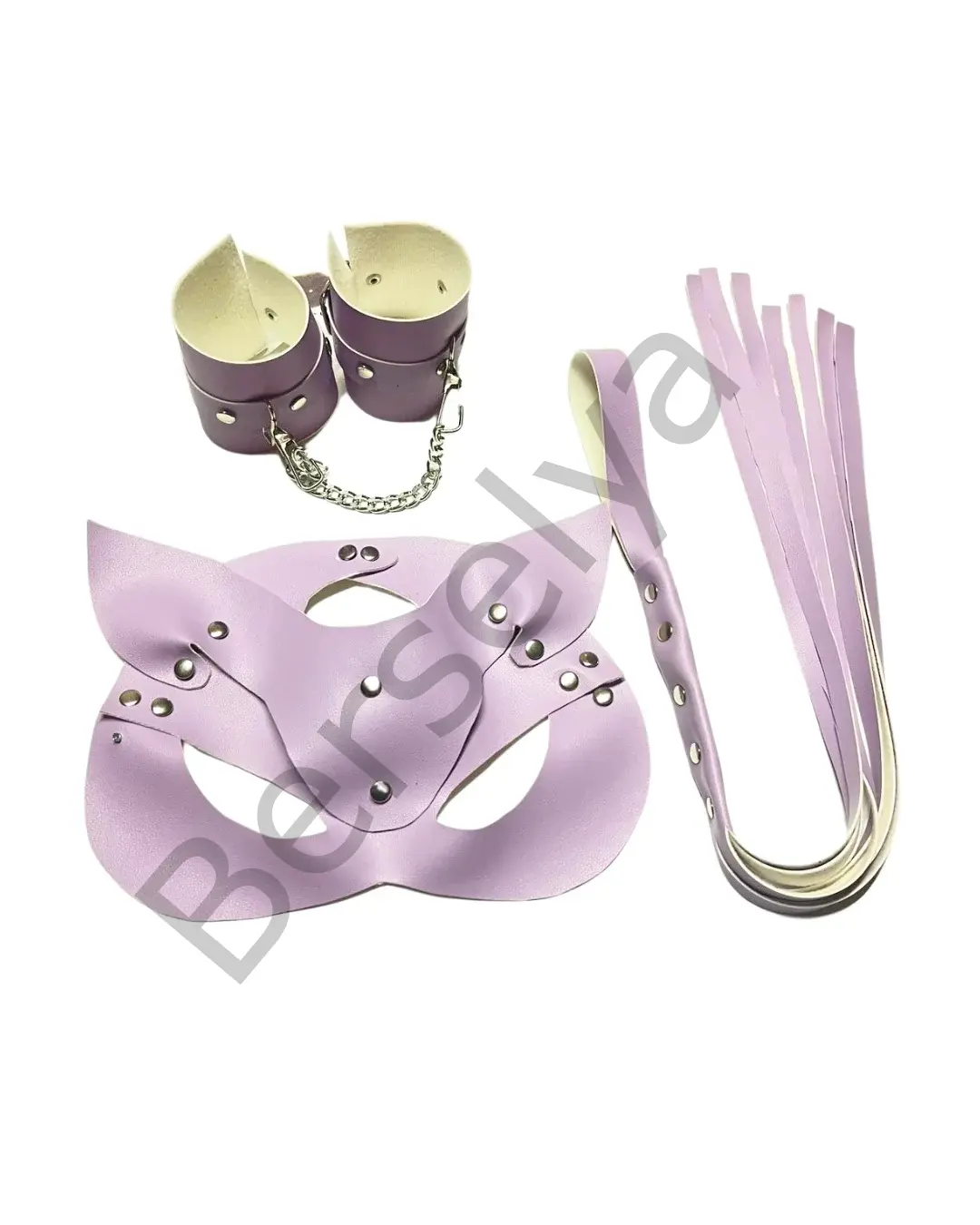 Fantezi Deri Seksi Lila Kedi Maske Kelepçe Kırbaç Seti ( 3’lü Set)