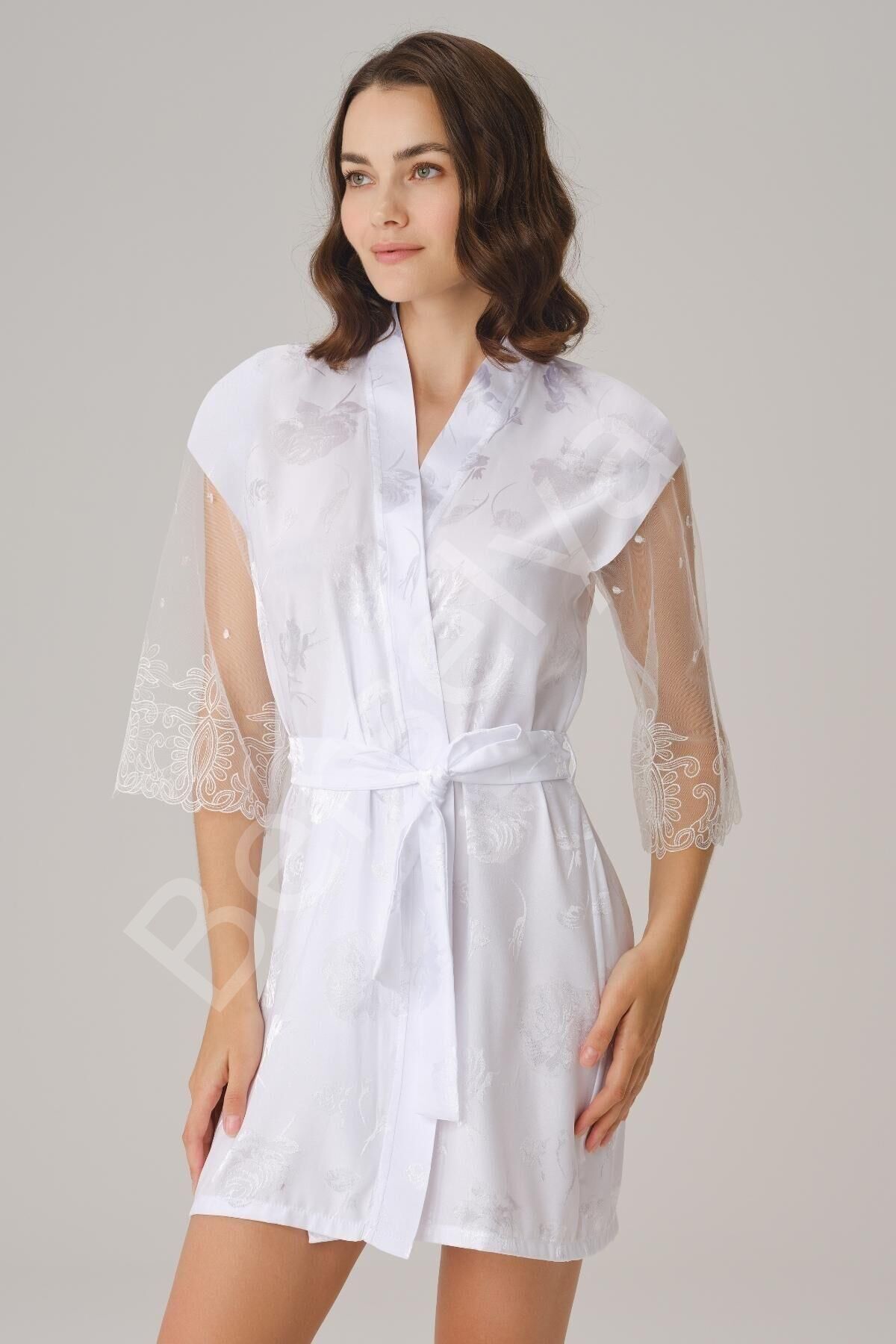 Çeyizlik Uzun Kol V Yaka Kadın Saten Düz Yazlık Mini Dantel Detaylı Sabahlık