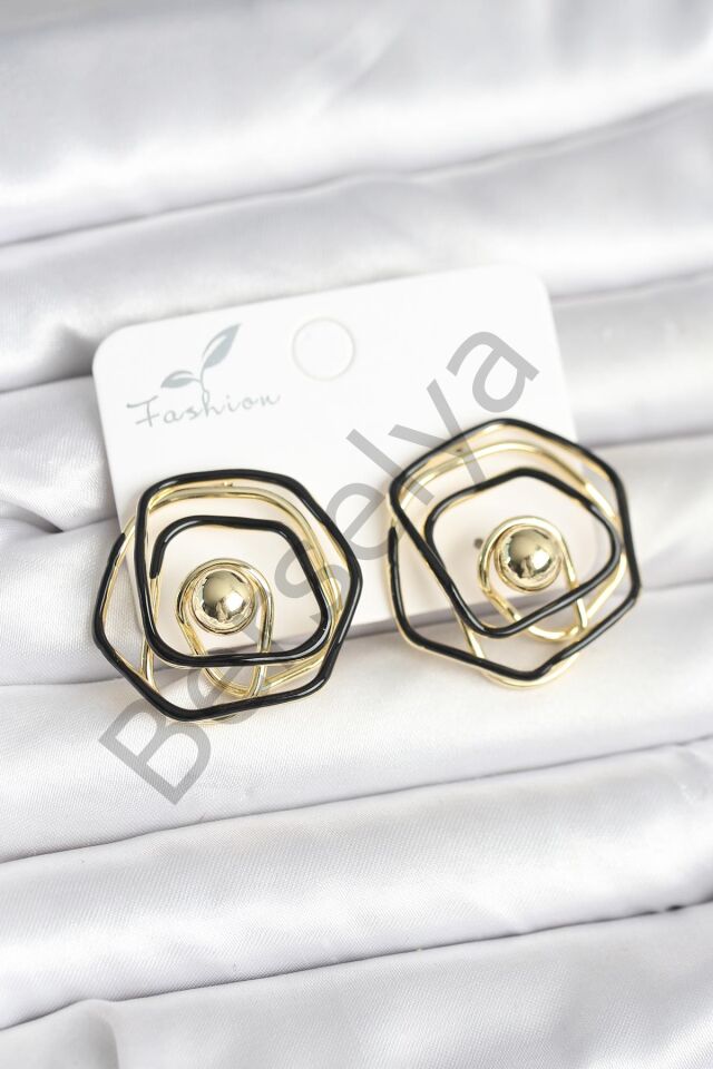 Pirinç Gold Renk Siyah Mineli Geometrik Gül Model Kadın Küpe