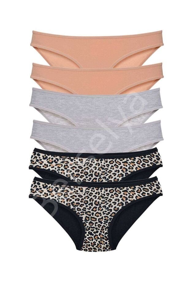 6 Adet Likralı Kadın Slip Külot Leopar Ten Gri