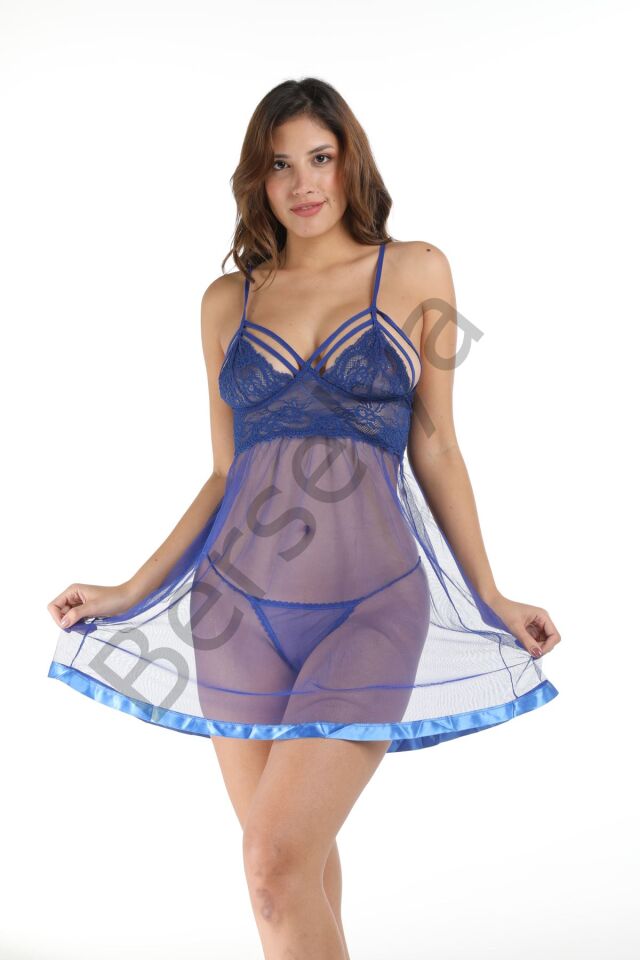 Mavi Dantel Gecelik - 682