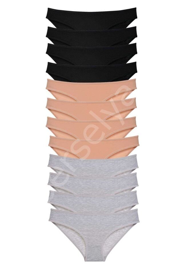 12 Adet Süper Eko Set Likralı Kadın Slip Külot Siyah Ten Gri