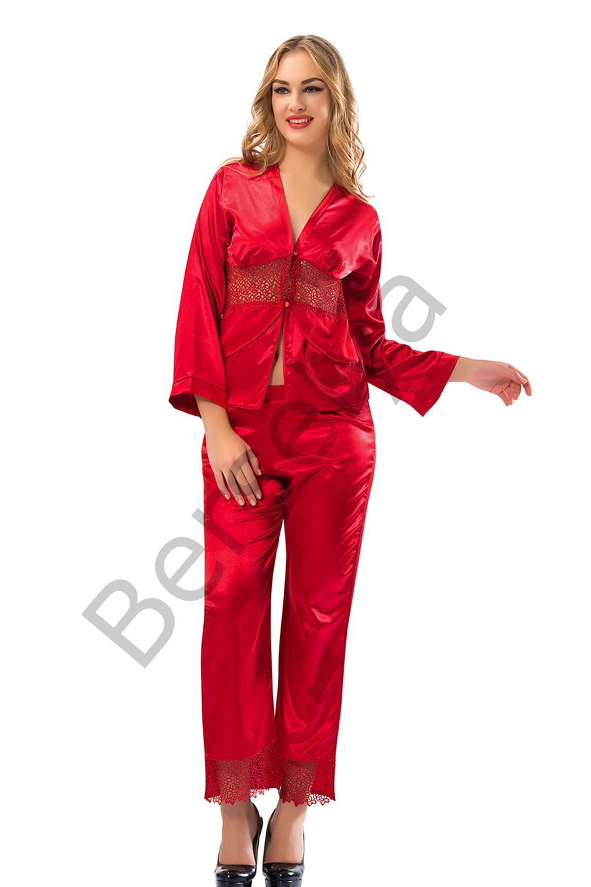 Kırmızı Saten Pijama Takımı - 1601