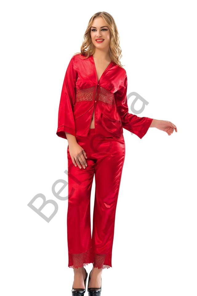 Kırmızı Saten Pijama Takımı - 1601