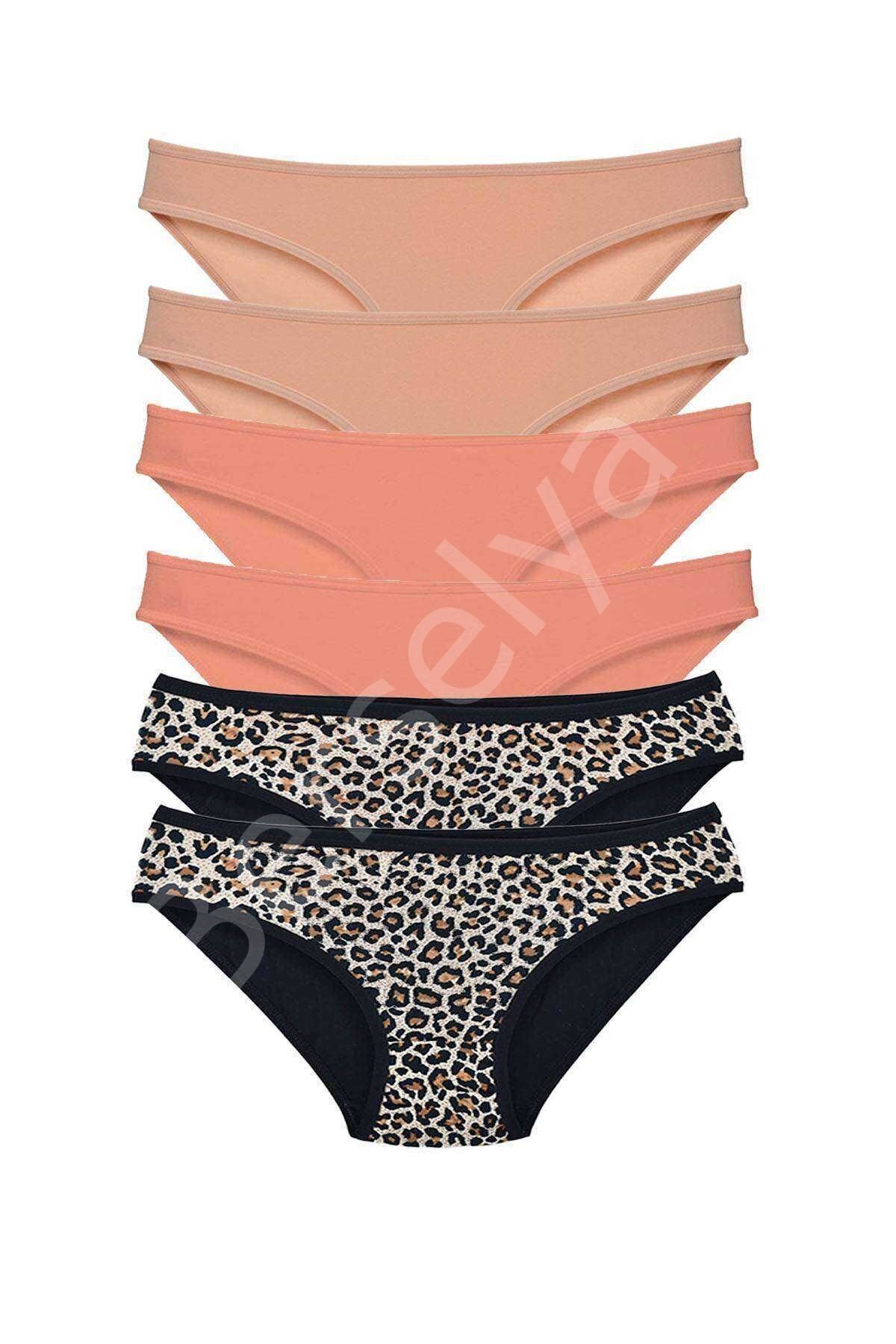 6 Adet Likralı Kadın Slip Külot Leopar Ten Pudra