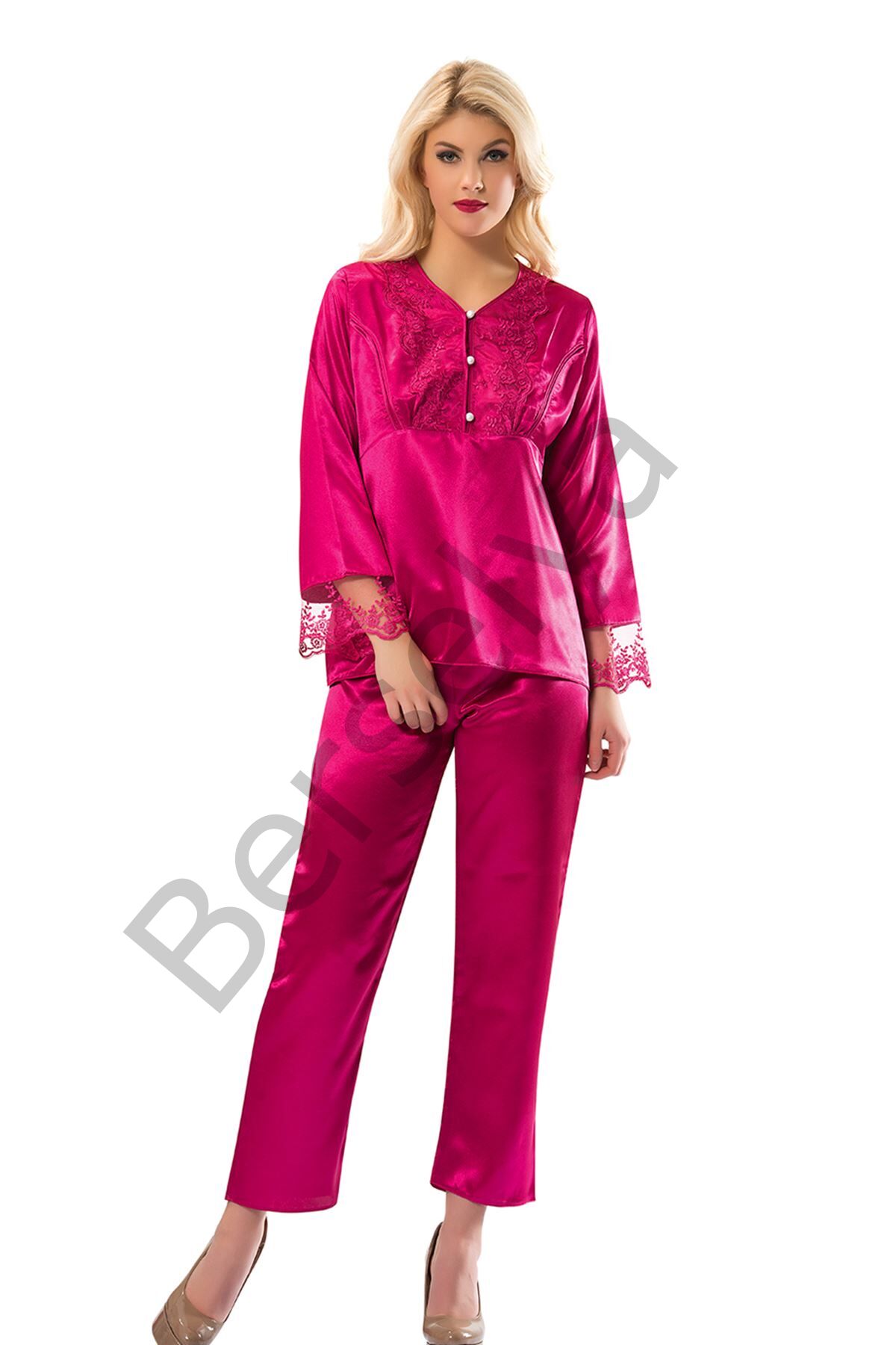 Fuşya Saten Pijama Takımı - 1595