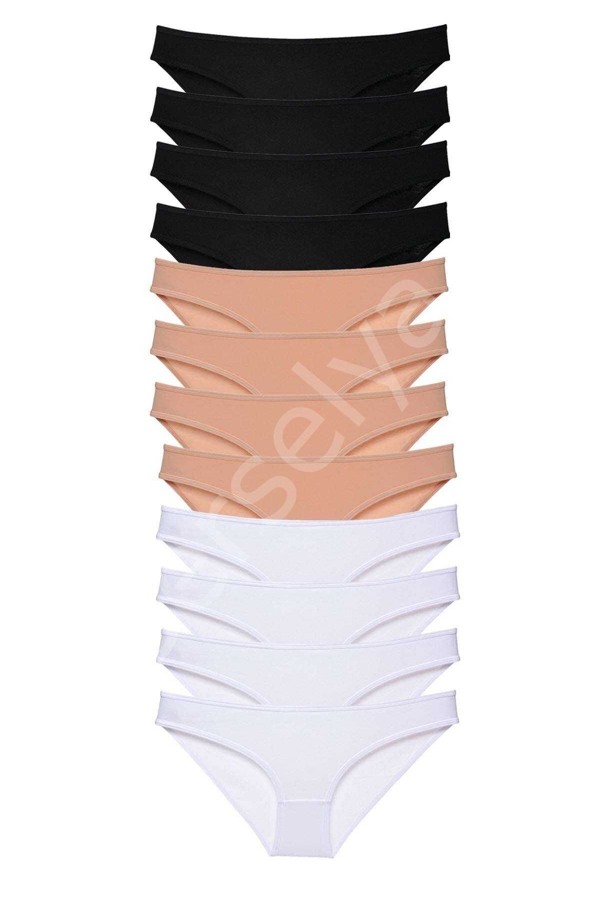 12 Adet Süper Eko Set Likralı Kadın Slip Külot Siyah Ten Beyaz