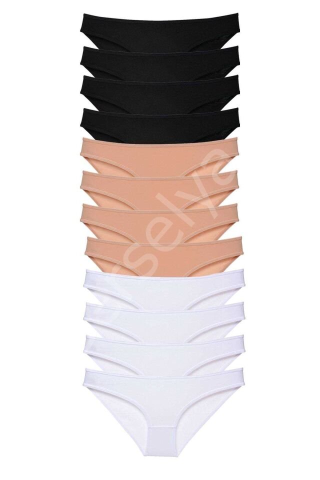 12 Adet Süper Eko Set Likralı Kadın Slip Külot Siyah Ten Beyaz