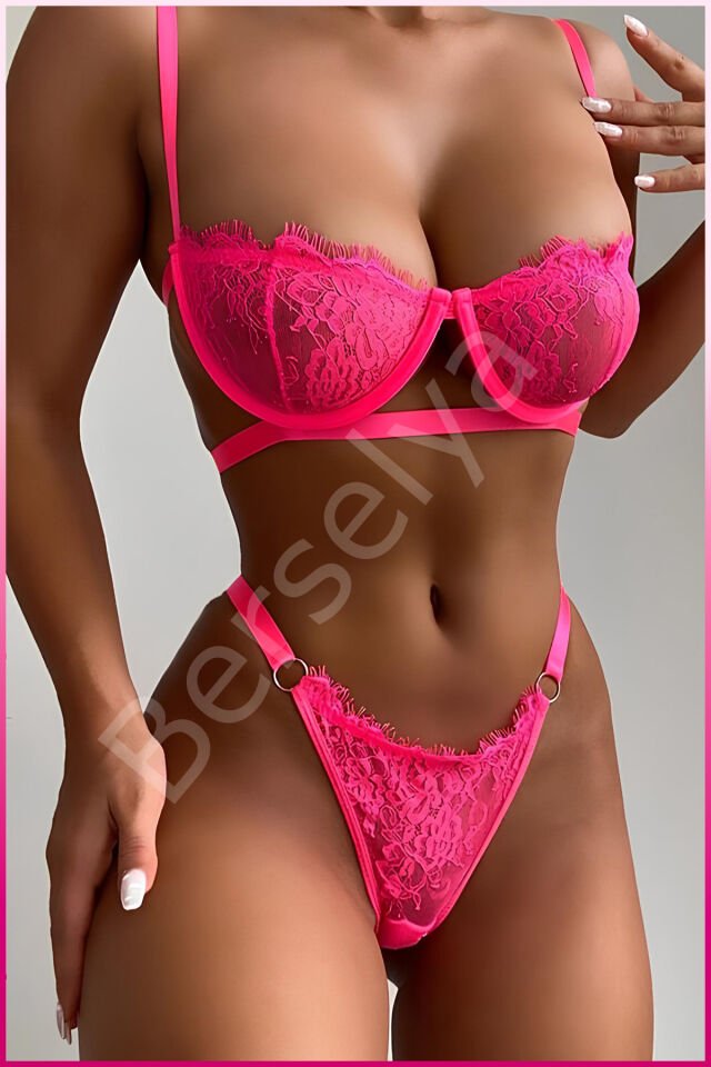 Kadın Neon Fuşya Dantelli Balenli  Sütyen Külot Takım